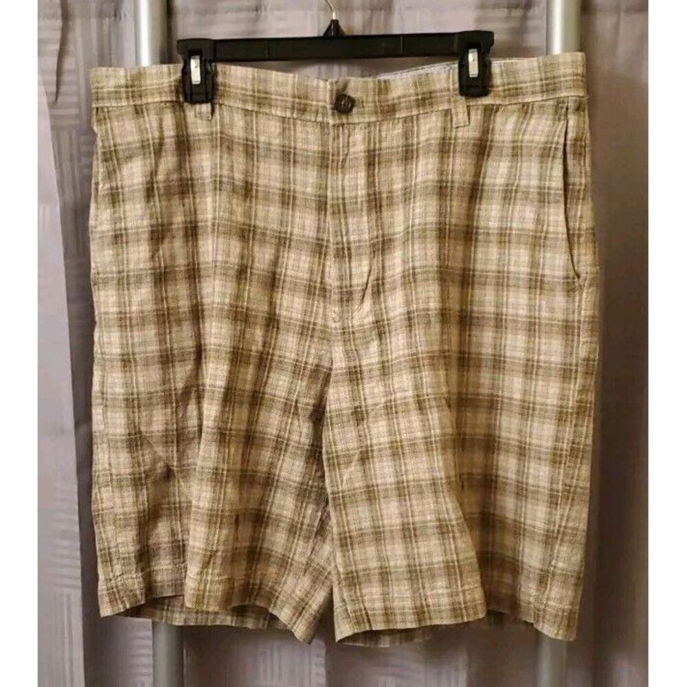 IZOD Chino Shorts Mens 36 Beige Plaid 55% Linen 45% Cotton Golf Casual